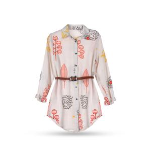 Women's Button-Down Tunic Dress with Belt – Floral Print Long Sleeve