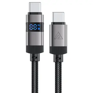 كابل شحن ونقل بيانات AceFast C15-03 USB-C إلى USB-C – سلك مضفّر، معدن الزنك، شاشة رقمية لعرض الطاقة