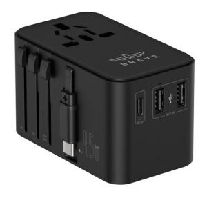 محول السفر العالمي بريف شاحن سريع بقدرة 45 وات مع كابل قابل للسحب من النوع C ومنفذين 1 + USB-A منفذ من النوع C، بقدرة 2500 وات