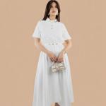 Ladies Top A-Line Midi Dress with Collar and Gold Buttons