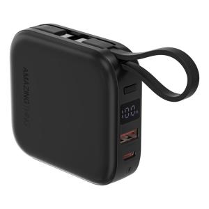 اميزينج ثينج باور بانك Thunder Go بسعة 10000 مللي أمبير – أسود، مع كابلين مدمجين من نوع USB-C