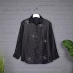Women's Pearl Embellished Button-Down Long Sleeve Satin Shirt