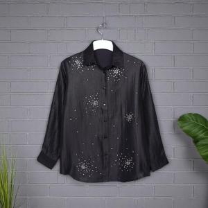 Women's Pearl Embellished Button-Down Long Sleeve Satin Shirt