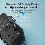 محول السفر العالمي بريف شاحن سريع بقدرة 45 وات مع كابل قابل للسحب من النوع C ومنفذين 1 + USB-A منفذ من النوع C، بقدرة 2500 وات