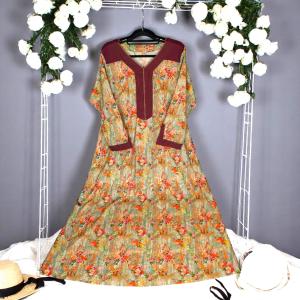 Rose LIne Floral Printed Dress Cuff Detailing V-Neck, Full Sleeves
