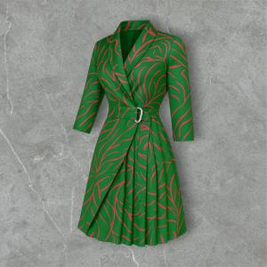 Belted Wrap Pleated Dress with Abstract Leaf Print and Notch Collar