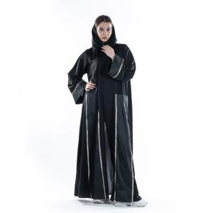 Abaya with Metallic-Trimmed Velvet Panels & Patch Pockets with Hijab