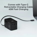 محول السفر العالمي بريف شاحن سريع بقدرة 45 وات مع كابل قابل للسحب من النوع C ومنفذين 1 + USB-A منفذ من النوع C، بقدرة 2500 وات