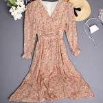 Women's Floral Maxi Dress  V-Neck Puff Sleeve and Ruched Waist Design