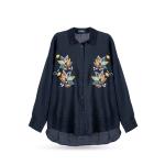 Women's Leaf Embroidered Button-Down Shirt with High-Low Hem