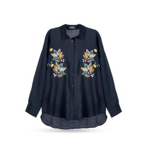 Women's Leaf Embroidered Button-Down Shirt with High-Low Hem