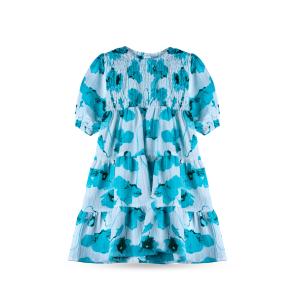 Women's’ Short Sleeve Tiered Dress – Blue Floral on White