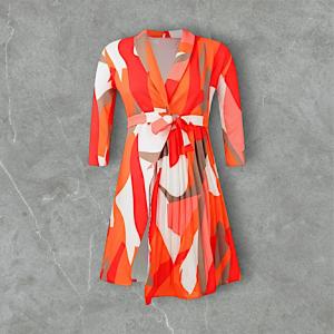 Abstract Print Pleated Wrap Dress with Lapel Collar and Waist Tie