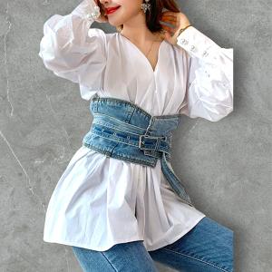 Women’s Vintage Denim Corset Belt Top – Puff Sleeve White Blouse with Waist Cincher