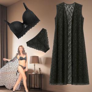VIP Women's 3Piece Lace Lingerie Set with Sheer Robe