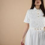 Ladies Top A-Line Midi Dress with Collar and Gold Buttons