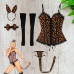 VIP Women Leopard Print Lingerie Costume Set with Corset