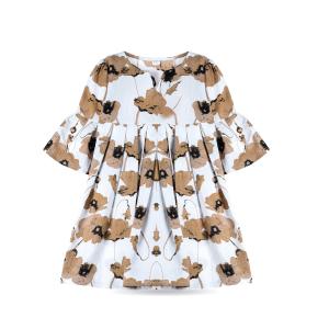 Women’s Short Sleeve Flared Dress – White & Caremel Floral