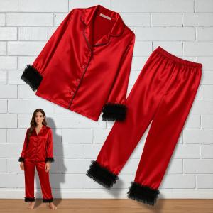 VIP Women Pajama Set with Black Ruffle Trim