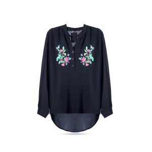 Women's Tunic Top with Floral Embroidery  Long Sleeve High-Low Blouse