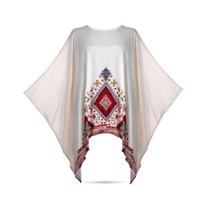 Women's Ethnic Print Kaftan with Red Tribal Motif and Flowing Sleeves