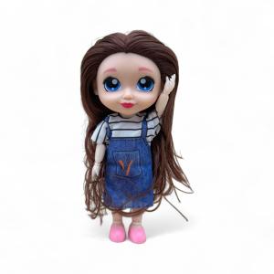 Beauty Fashion Doll – Brown Hair, Striped Top with Denim Overall Dress