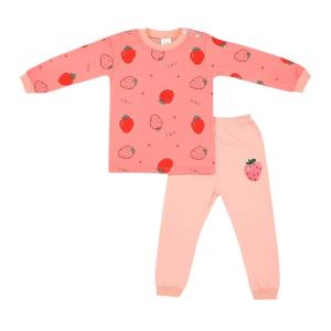 Girls Long Sleeve Fleece Pajama  2pcs Set - Strawberry Print with Shoulder Button