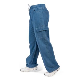 Relax Fit Denim Cargo Pants with Drawstring Waist & Side Flap Pocket