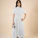 Ladies Top A-Line Midi Dress with Collar and Gold Buttons