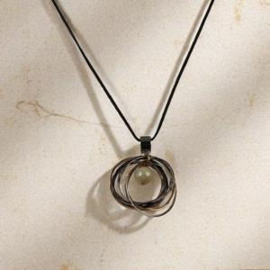 Abstract Swirl Pendant Necklace – Black Cord with Metallic Rings & Pearl Drop