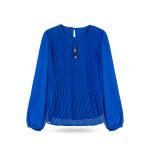 Women's Pleated Long Sleeve Round Neck Top Blouse