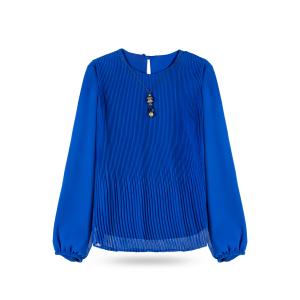 Women's Pleated Long Sleeve Round Neck Top Blouse
