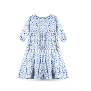 Women’s Long Sleeve Tiered Dress – Light Blue with Mini Floral Print
