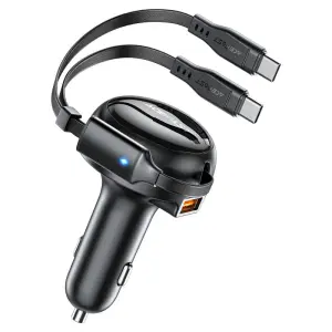 شاحن سيارة AceFast B13 بقوة 53 واط، 2 في 1 منفذين USB-C مع كابل قابل للسحب – أسود